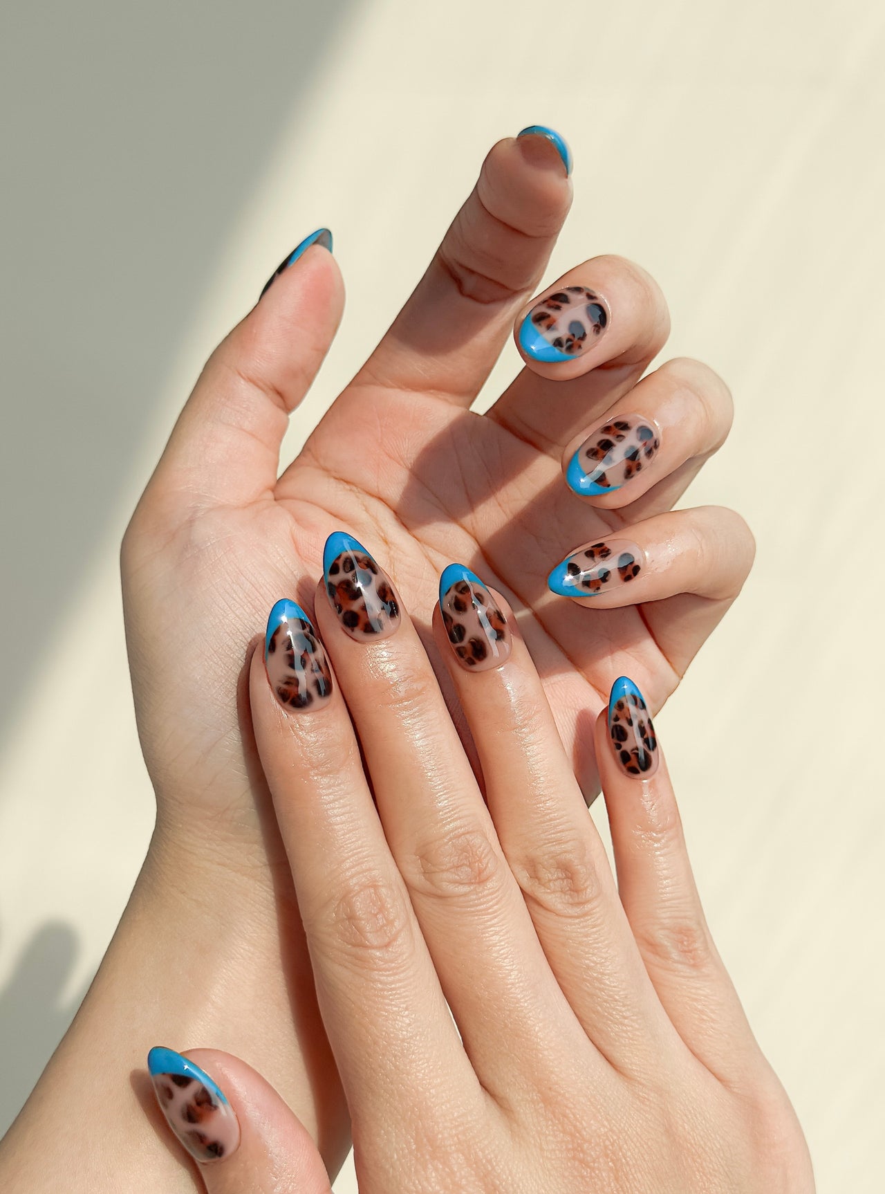 Blue Monday almond-shaped press-on nails arranged in two rows on a plain white background. The nails feature a glossy blue French tip and a brown and black leopard print middle base.