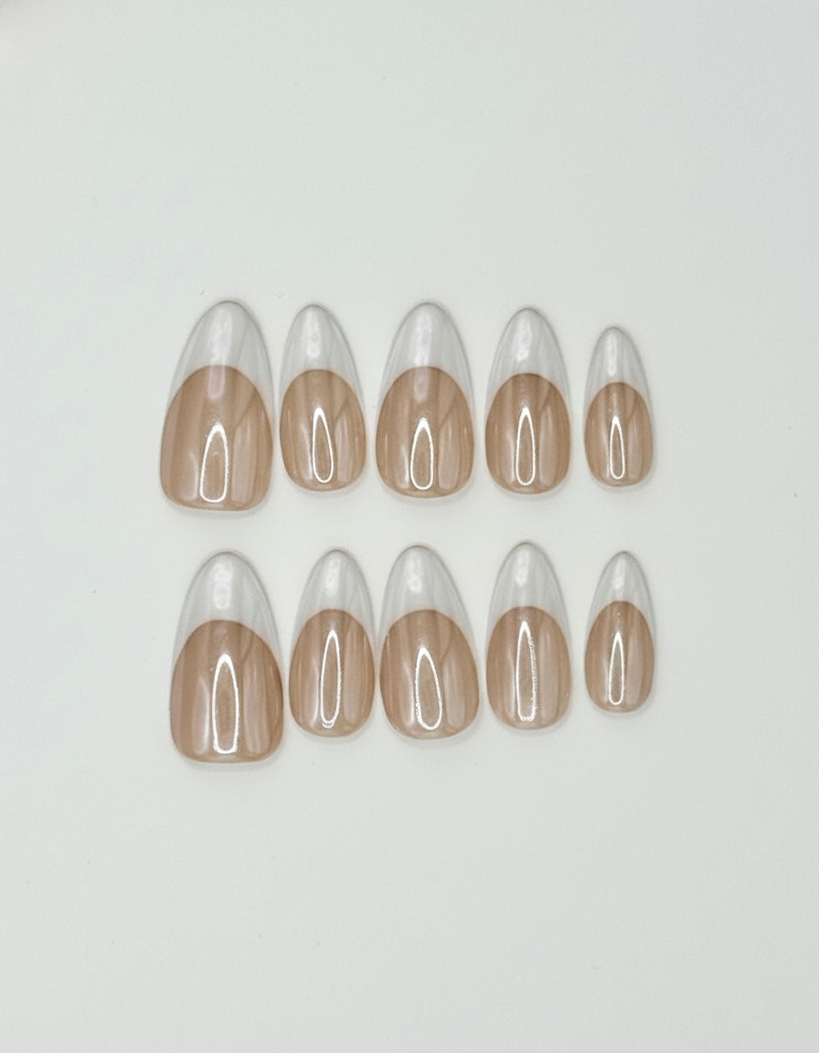 Glazed press on nails with white french tips