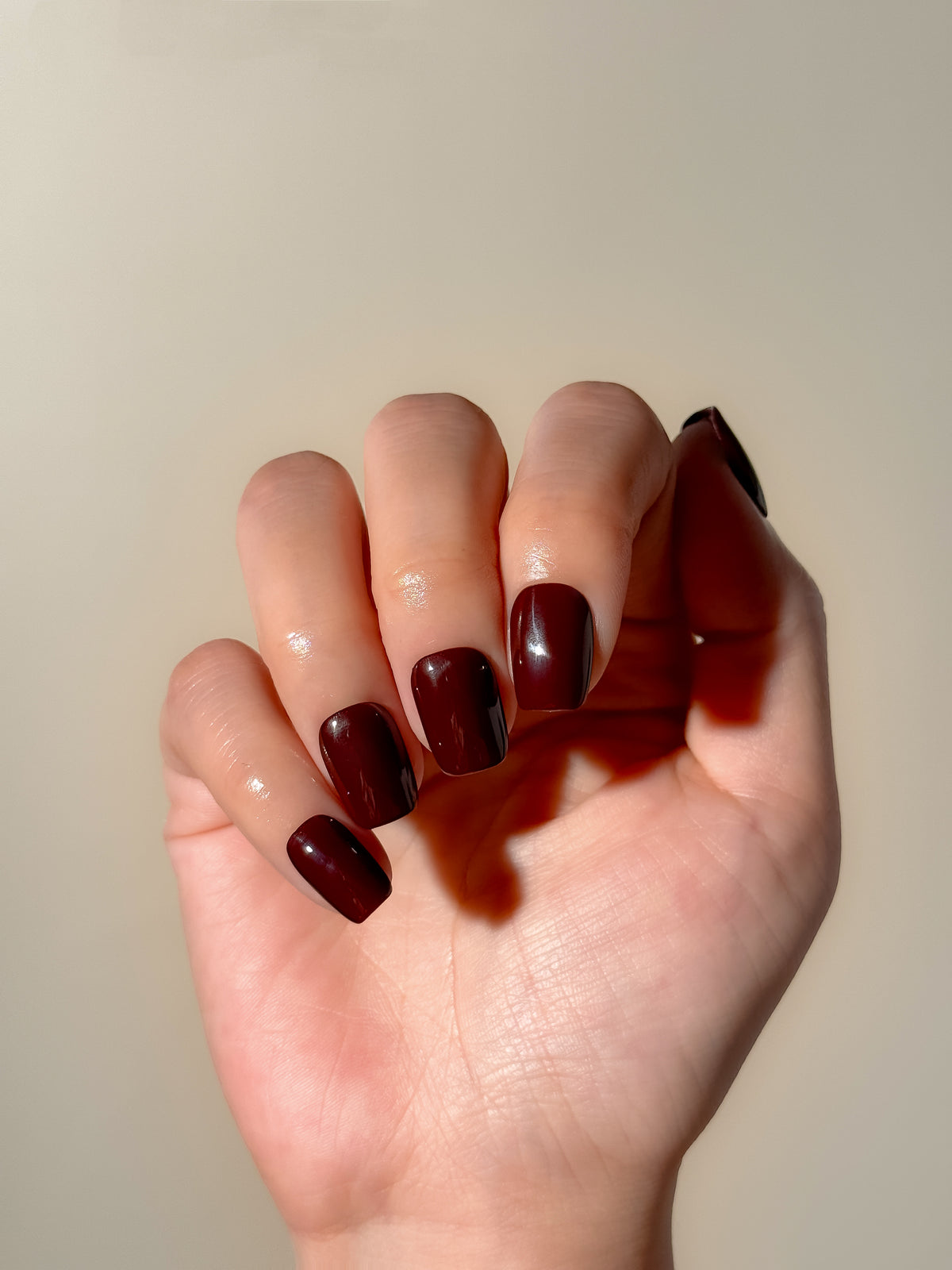 A hand wearing OOO glossy espresso-chestnut short square press-on nails in warm natural light.