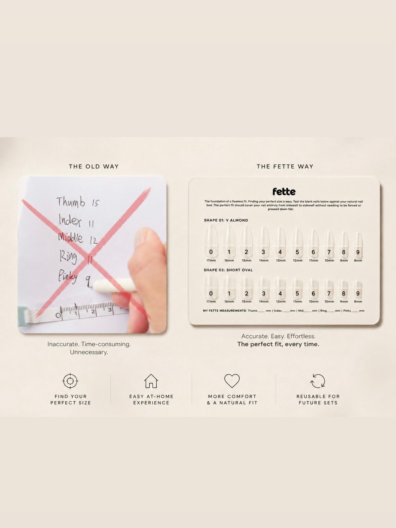 Comparison of traditional measurement method and fette measurement tool on a beige background. sizing chart for press on nails, reusable at home sizing kit