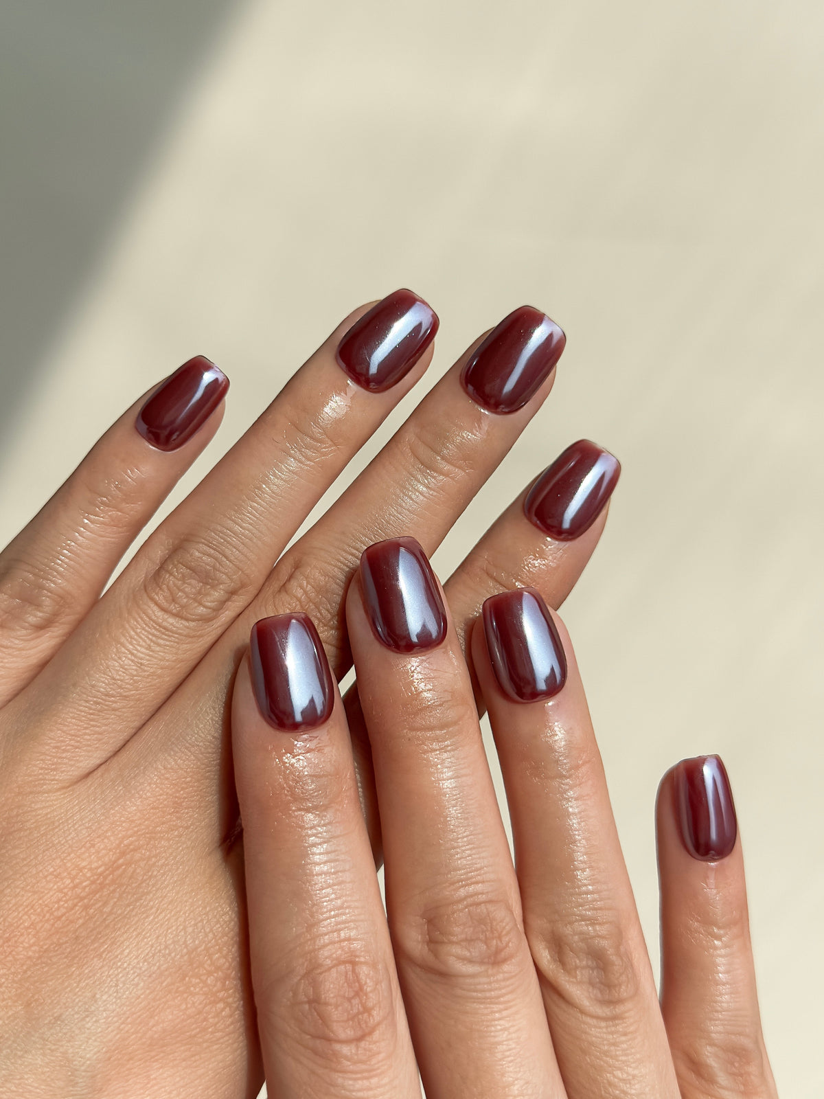 Deadline glazed brick-red wine short square press-on nails arranged as a glossy reusable set on a white background.